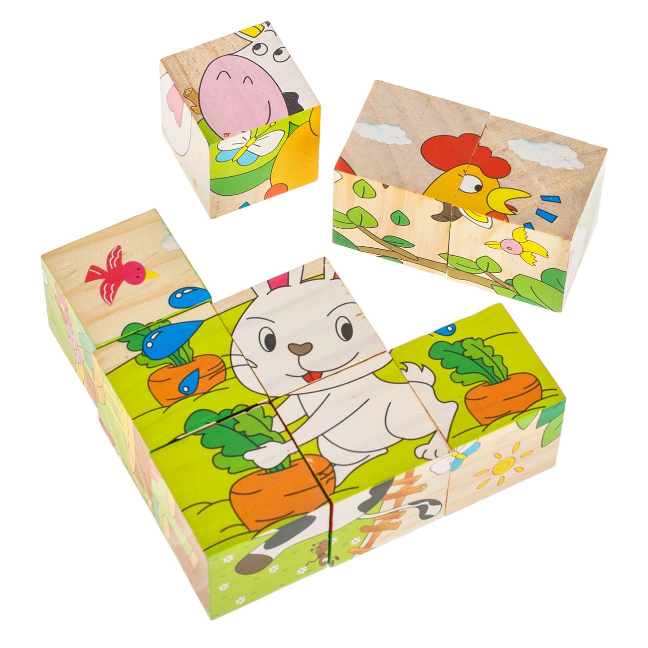 Дървен пъзел с кубчета "Домашни животни" – 9 части