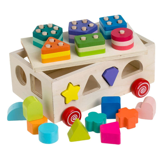 Дървена количка сортер с форми